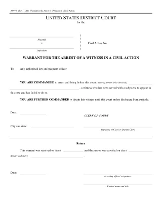 AO 445 fillable PDF first-page preview of Warrant for the Arrest of a Witness in a Civil Case