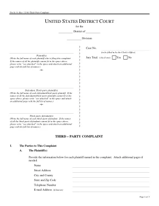 Pro Se 11 fillable PDF first-page preview of Third Party Complaint