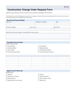 Construction Change Order Request Form fillable PDF — first page preview