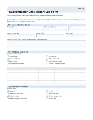 Subcontractor Daily Report Log Form fillable PDF first-page preview