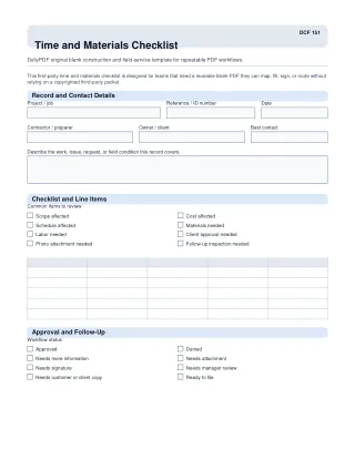 Time and Materials Checklist fillable PDF first-page preview