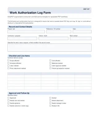 Work Authorization Log Form fillable PDF first-page preview