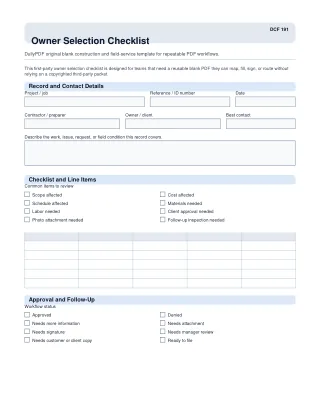Owner Selection Checklist fillable PDF first-page preview
