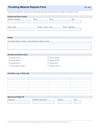 Plumbing Material Request Form fillable PDF first-page preview