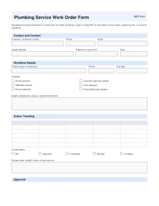 Plumbing Service Work Order Form fillable PDF first-page preview
