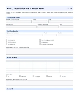 HVAC Installation Work Order Form fillable PDF first-page preview