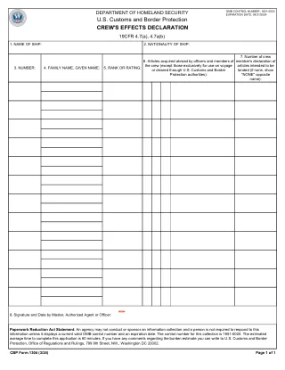 CBP 1304 fillable PDF first-page preview of Crew Effects Declarations