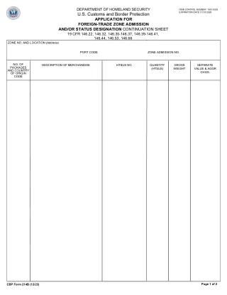 CBP 214B fillable PDF first-page preview of Application for Foreign-Trade Zone Admission Continuation Sheet