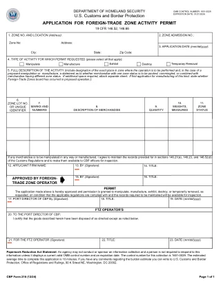 CBP 216 fillable PDF first-page preview of Application for Foreign-Trade Zone Activity Permit