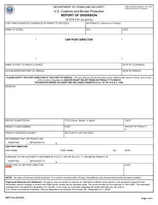CBP 26 fillable PDF first-page preview of Report of Diversion