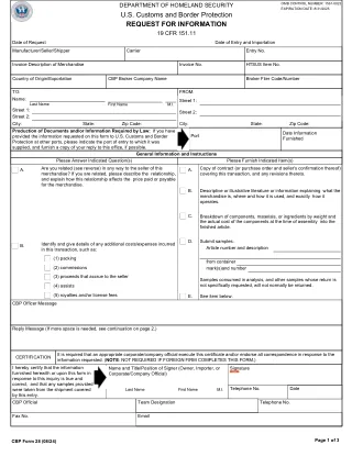 CBP 28 fillable PDF first-page preview of Request for Information