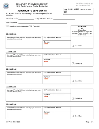 CBP 301A fillable PDF first-page preview of Addendum to Form 301
