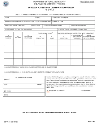 CBP 3229 fillable PDF first-page preview of Insular Possession Certificate of Origin