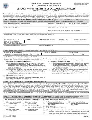 CBP 3299 fillable PDF first-page preview of Declaration of Free Entry of Unaccompanied Articles