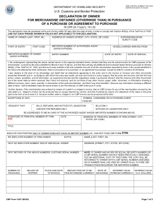 CBP 3347 fillable PDF first-page preview of Declaration of Owner for Merchandise Obtained in Pursuance of a Purchase