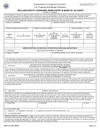 CBP 3347A fillable PDF first-page preview of Declaration of Consignment when Entry is Made by an Agent