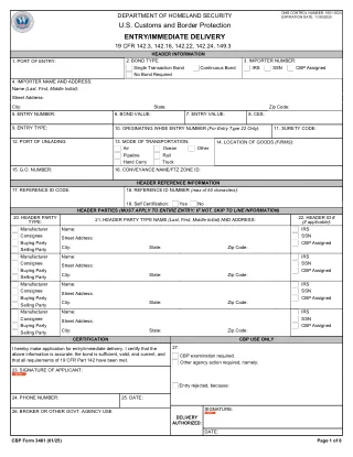 First page preview of CBP Form 3461 from the DullyPDF public form catalog.