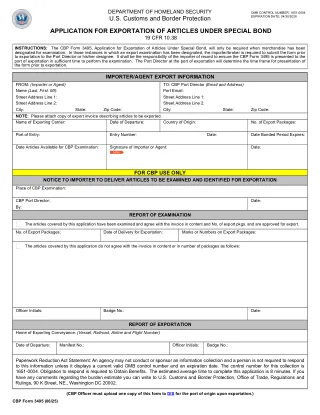 CBP 3495 fillable PDF first-page preview of Application for Exportation of Articles Under Special Bond