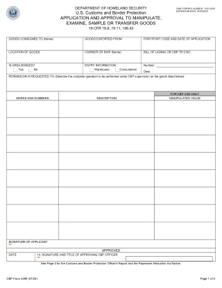 CBP 3499 fillable PDF first-page preview of Application and Approval to Manipulate, Examine, Sample, or Transfer Goods