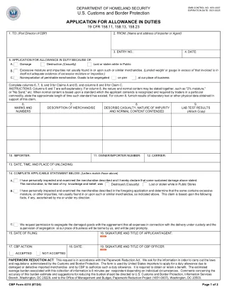 CBP 4315 fillable PDF first-page preview of Application for Allowance in Duties