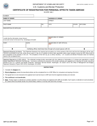 CBP 4457 fillable PDF first-page preview of Certificate of Registration for Personal Effects Taken Abroad