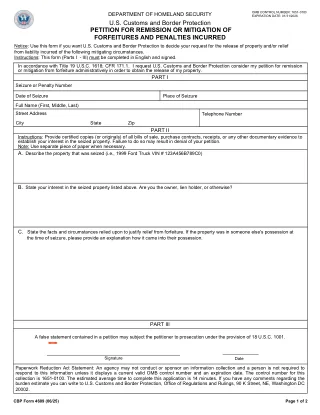 CBP 4609 fillable PDF first-page preview of Petition for Remission or Mitigation of Forfeitures and Penalties