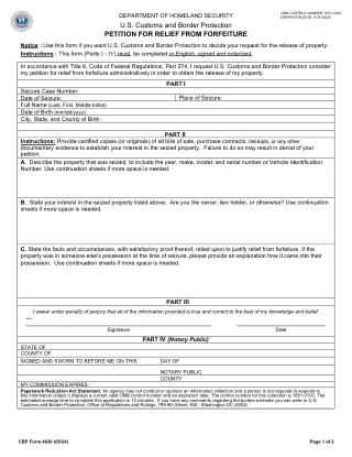 CBP 4630 fillable PDF first-page preview of Petition for Relief from Forfeiture