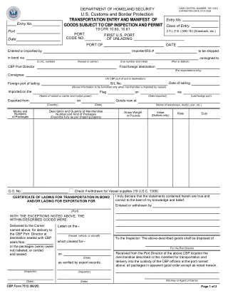 CBP 7512 fillable PDF first-page preview of Transportation Entry and Manifest of Goods Subject to CBP Inspection and Permit