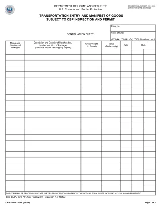 CBP 7512A fillable PDF first-page preview of Transportation Entry Continuation Sheet