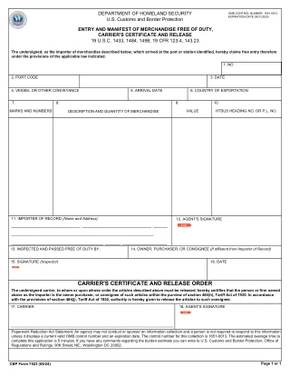 CBP 7523 fillable PDF first-page preview of Entry and Manifest of Merchandise Free of Duty, Carriers Certificate and Release