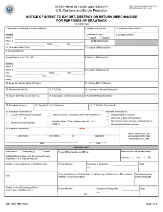 CBP 7553 fillable PDF first-page preview of Notice of Intent to Export, Destroy or Return Merchandise for Purposes of Drawback