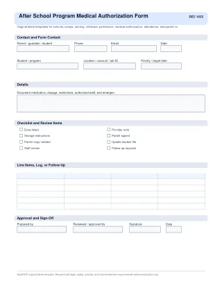 After School Program Medical Authorization Form fillable PDF first-page preview