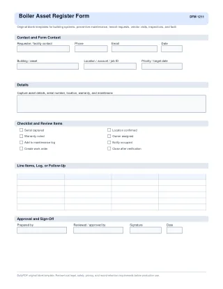 Boiler Asset Register Form fillable PDF first-page preview