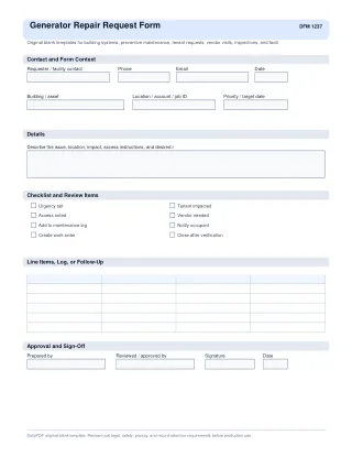 Generator Repair Request Form fillable PDF first-page preview