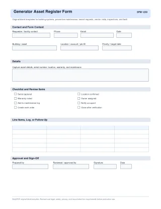 Generator Asset Register Form fillable PDF first-page preview