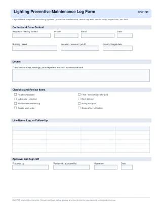 Lighting Preventive Maintenance Log Form fillable PDF first-page preview