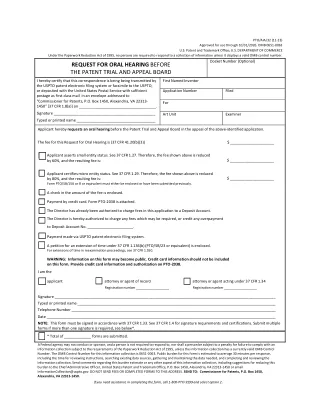AIA 32 fillable PDF first-page preview of Request for Oral Hearing Before the Patent Trial and Appeal Board