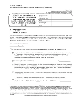 AIA 40 fillable PDF first-page preview of Request for Correction in a Patent Application Relating to Inventorship or an Inventor Name, or Order of Names, Other than in a Reissue Appl