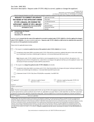 AIA 41 fillable PDF first-page preview of Request to Correct or Update the Name of the Applicant Under 37 CFR 1.46(c)(1), or Change the Applicant Under 37 CFR 1.46(c)(2)