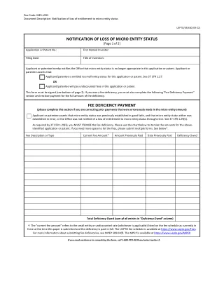 SB 460 fillable PDF first-page preview of Notification of Loss of Micro Entity Status