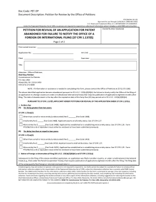 SB 64A fillable PDF first-page preview of Petition for Revival of an Application for Patent Abandoned for Failure to Notify the Office of a Foreign or International Filing (37 CFR 1.