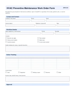 HVAC Preventive Maintenance Work Order Form fillable PDF first-page preview