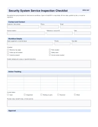 Security System Service Inspection Checklist fillable PDF first-page preview