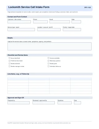 Locksmith Service Call Intake Form fillable PDF first-page preview