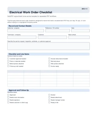 Electrical Work Order Checklist fillable PDF first-page preview