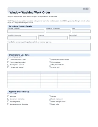 Window Washing Work Order fillable PDF first-page preview