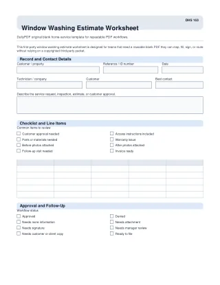 Window Washing Estimate Worksheet fillable PDF first-page preview