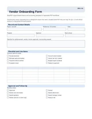 Vendor Onboarding Form fillable PDF first-page preview