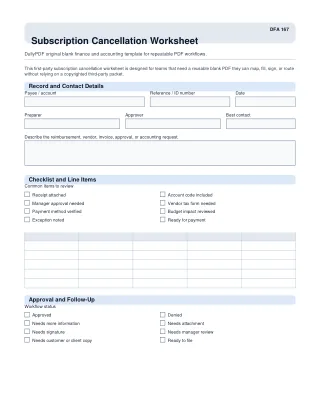 Subscription Cancellation Worksheet fillable PDF first-page preview