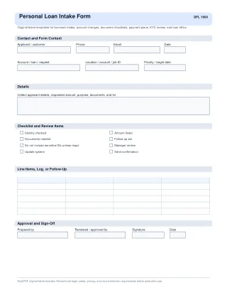 Personal Loan Intake Form fillable PDF — first page preview